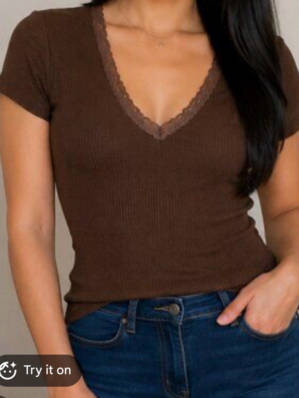 Rebellious Dreamer Women's Ribbed Cap Sleeve Lace Trim V Neck Top Brown Size XS